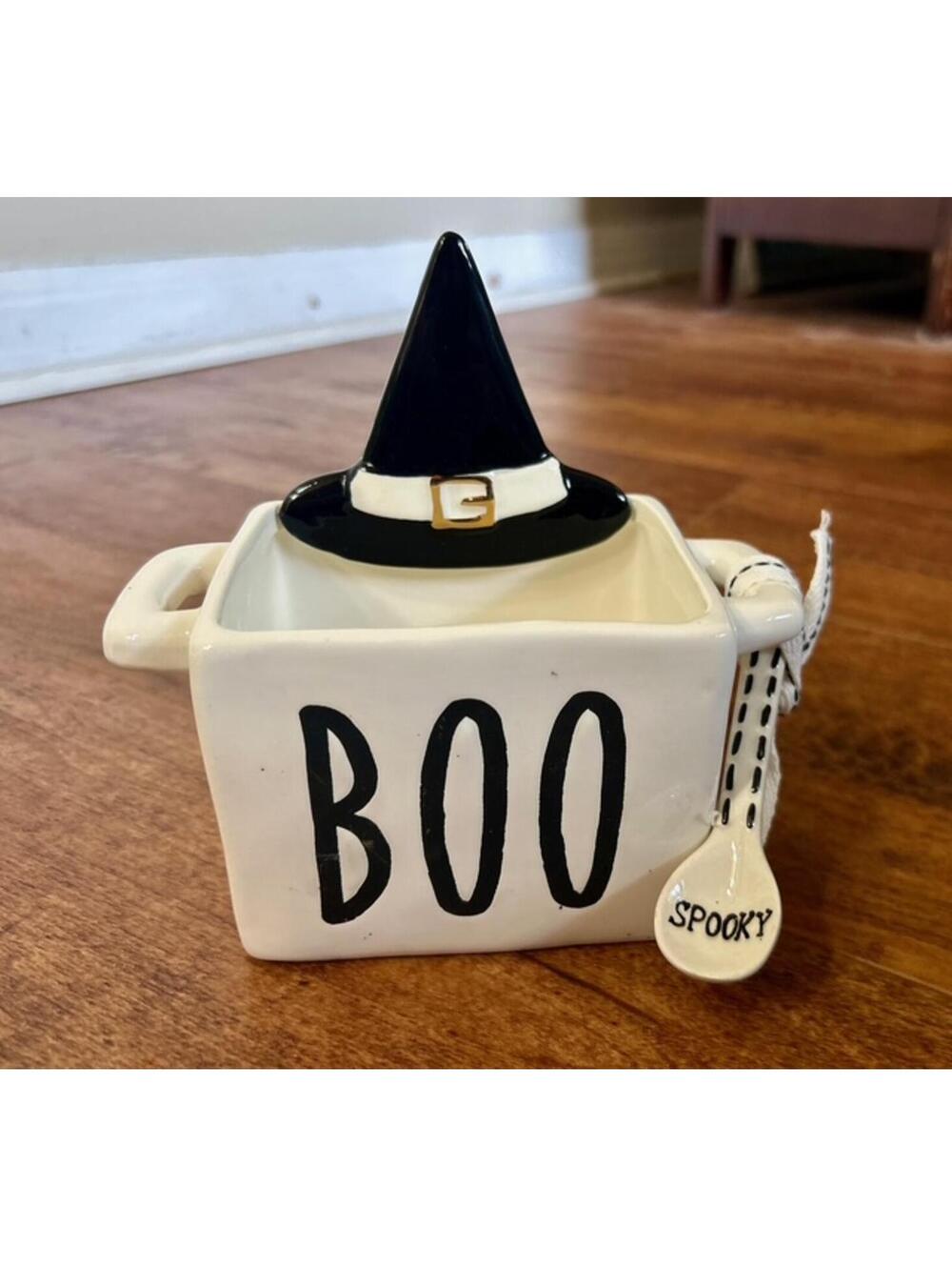 MudPie Ceramic Halloween 'BOO' Square Dish with Witch Hat Lid and Spooky Spoon